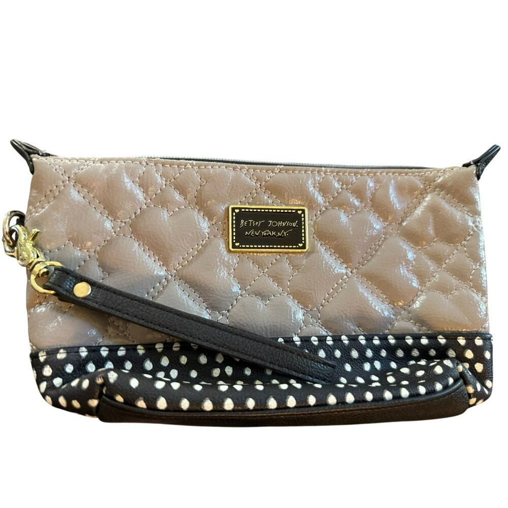 Betsey Johnson Quilted Heart Wristlet Beige and Black With Polka Dot Trim